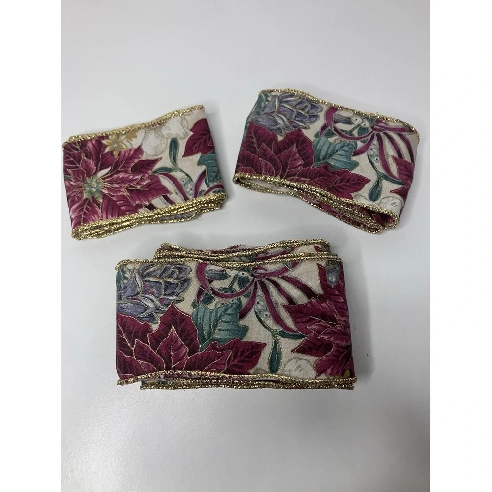 Vintage Christmas Burgundy Poinsettia Gold Edge Wired Ribbon 2.25